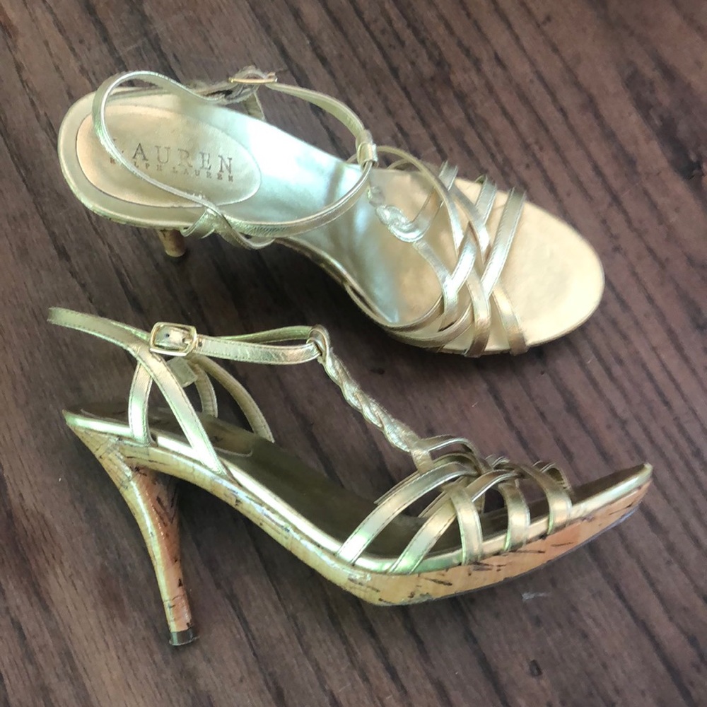Ralph Lauren gold heels with cork style bottom